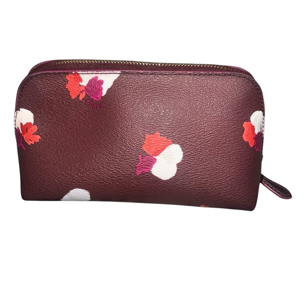EUC Coach Cosmetic Case 17 Pouch Coated Canvas Zippered Burgundy Multi Floral - Picture 3 of 12